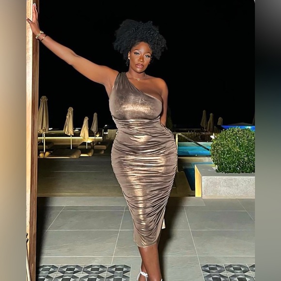 Bronze One Shoulder MIDI Dress - Picture 1 of 3